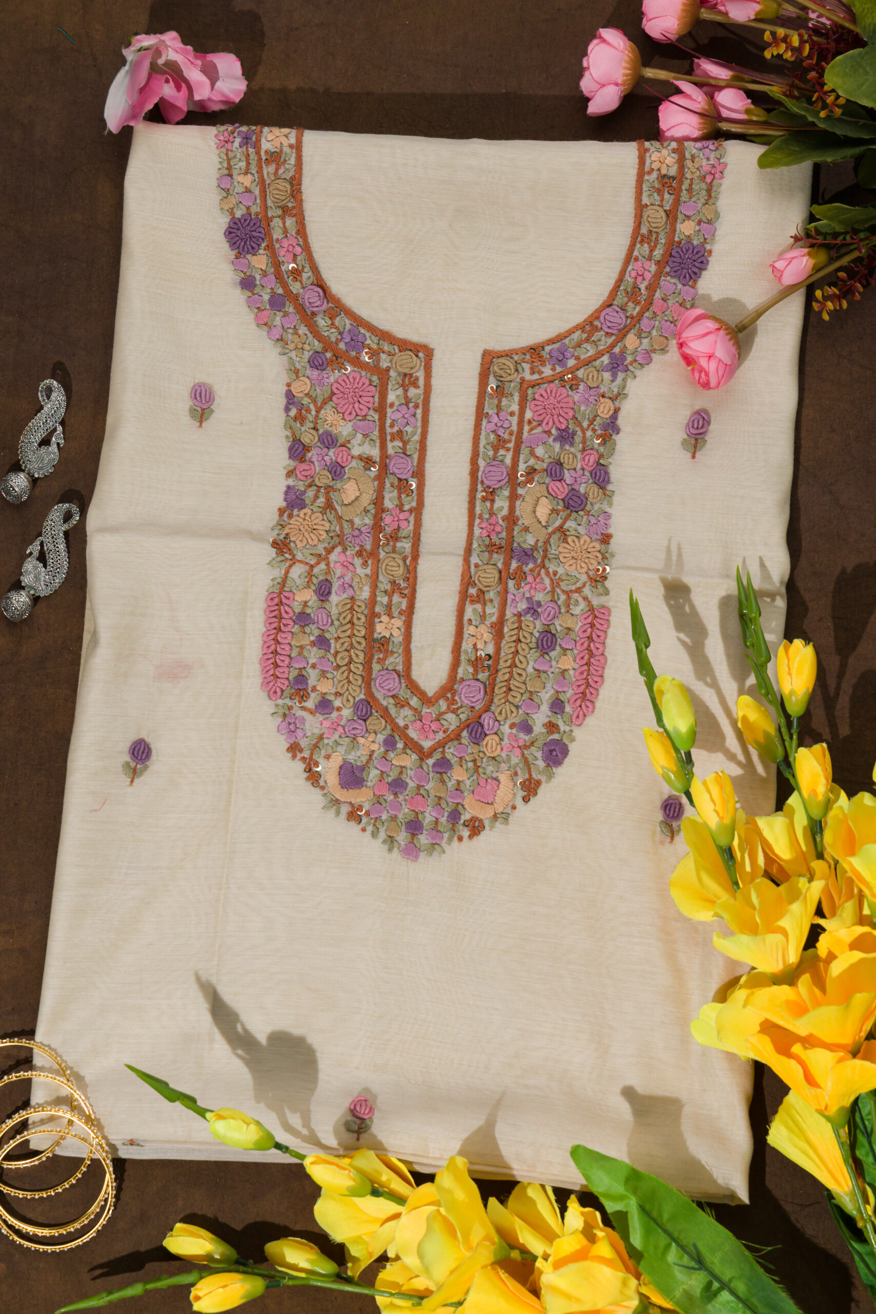 Adrika Hand Embroidered Chanderi Cotton Unstitched Kurta