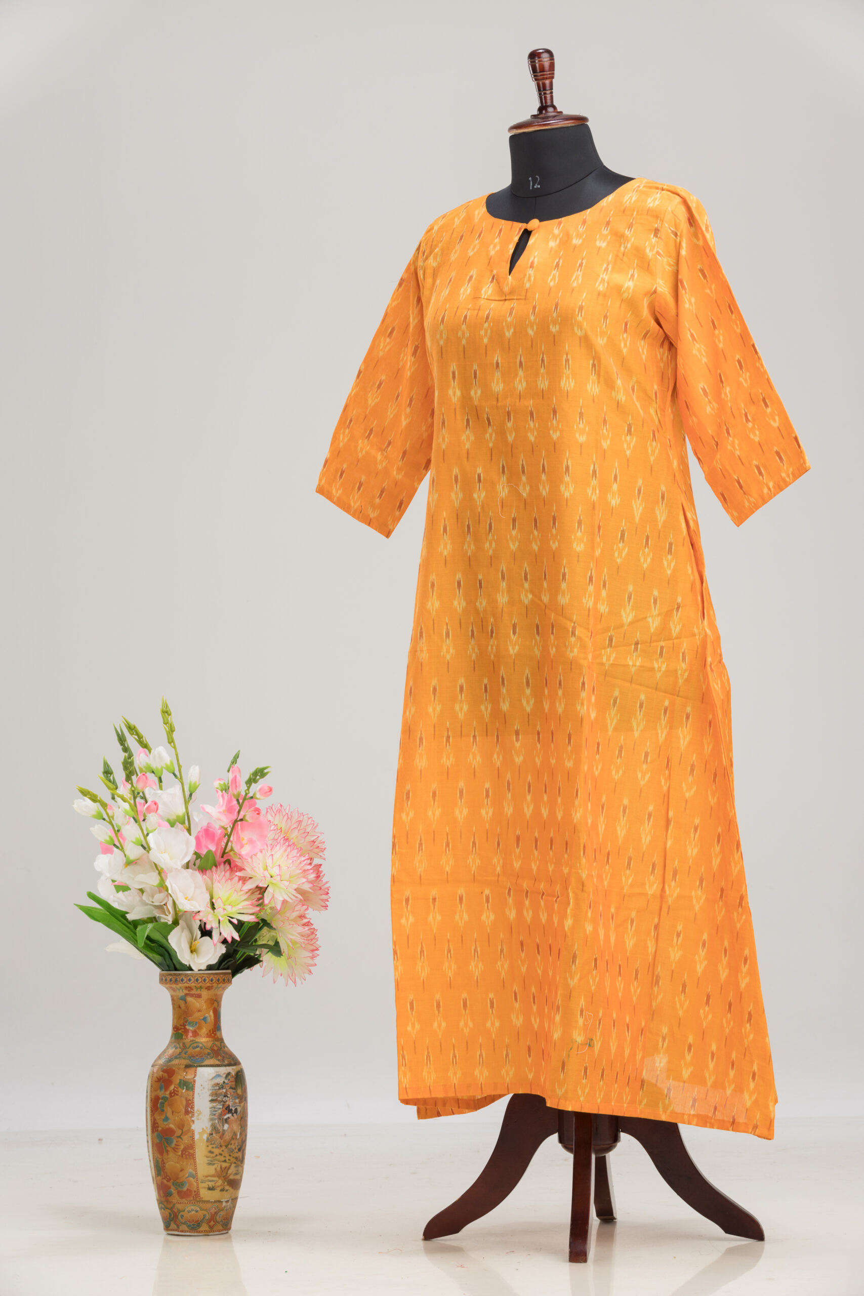 Adrika’s Yellow Ikkat Pure Cotton Long Dress - Image 3