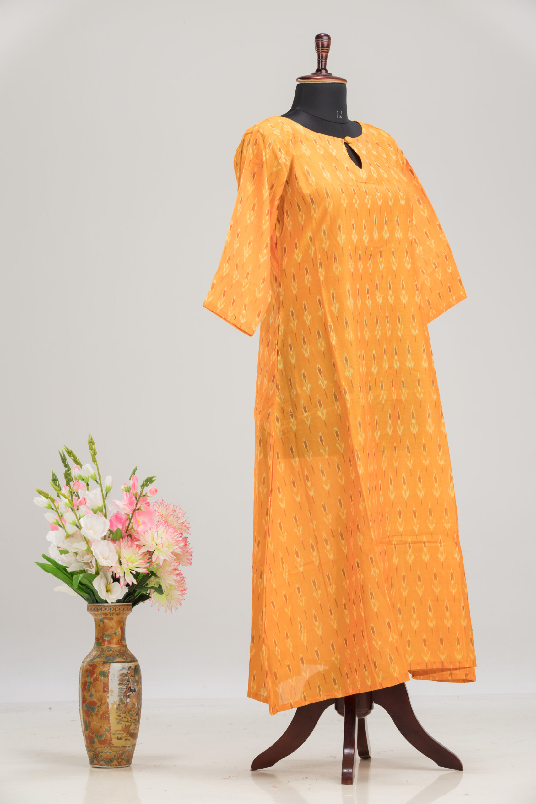 Adrika’s Yellow Ikkat Pure Cotton Long Dress - Image 5