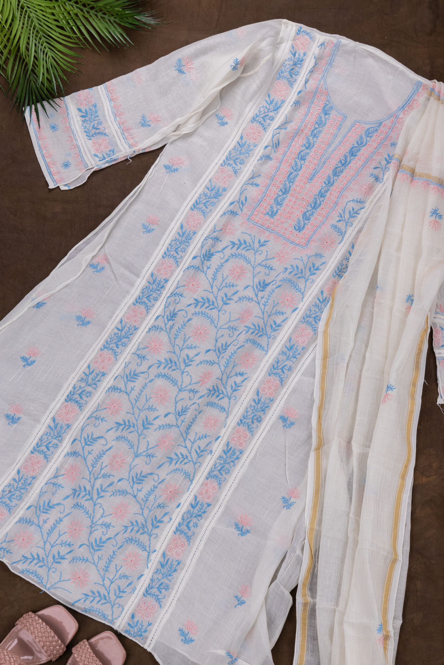 Adrika’s Lucknow Chikankari Off White Chanderi Cotton Semi-stitched 2-Piece Kurti Set