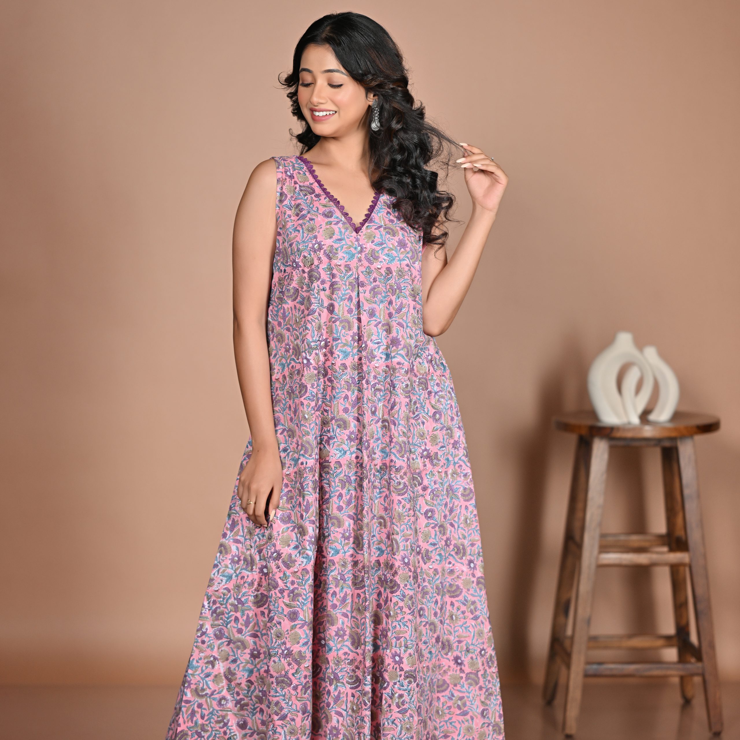 Adrika’s Pink Cotton Hand block Long Dress