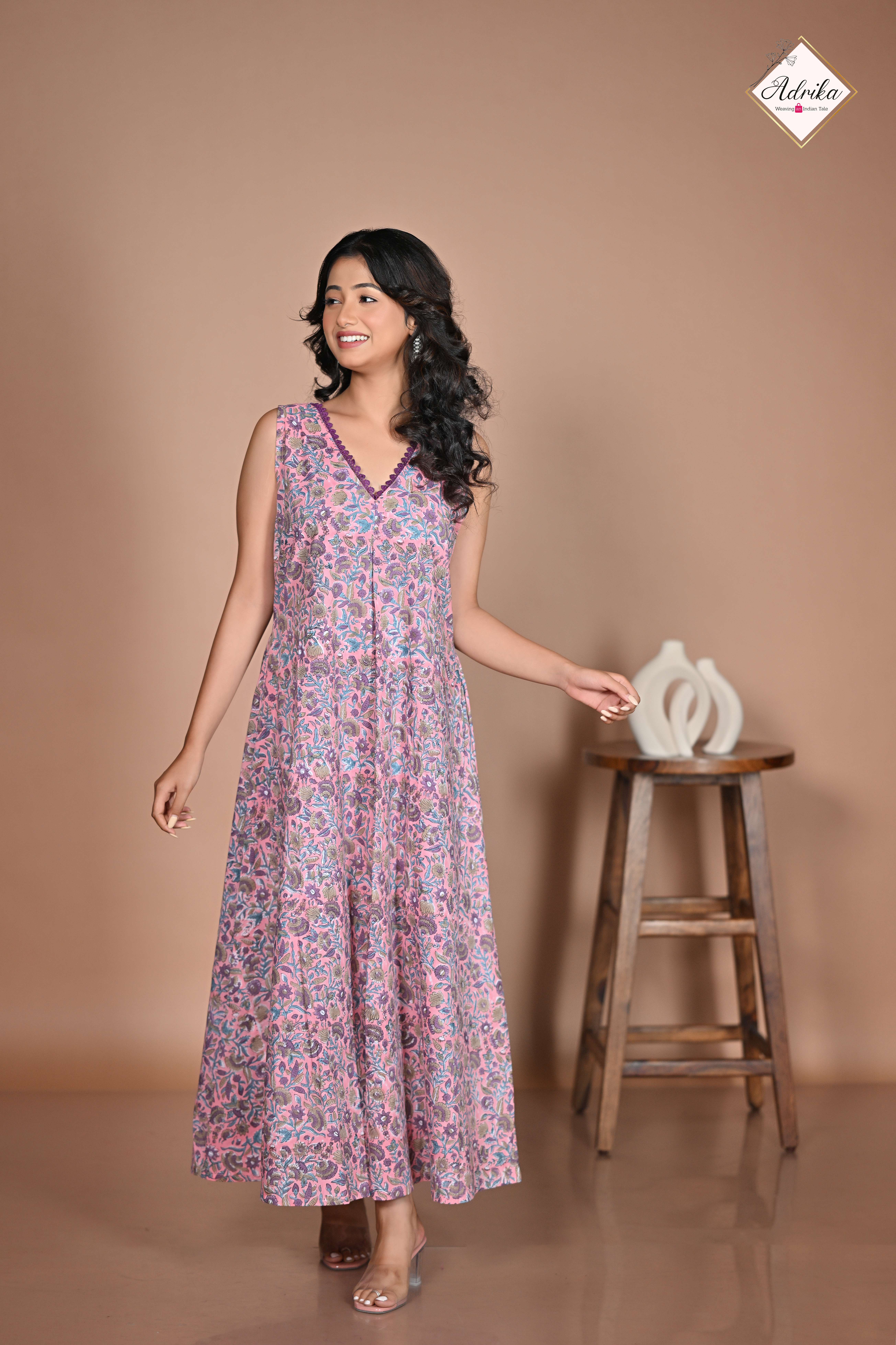 Adrika’s Pink Cotton Hand block Long Dress - Image 3