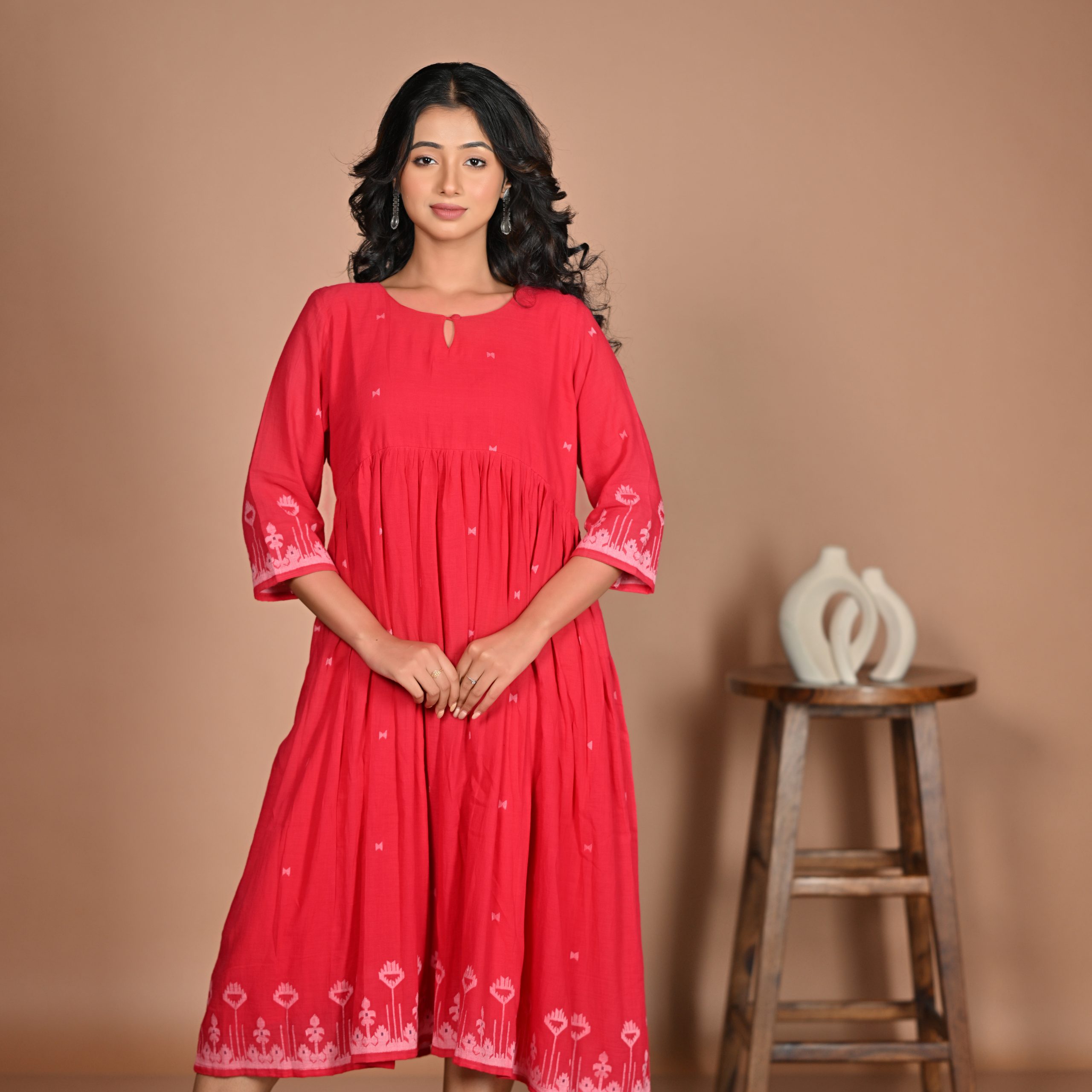 Adrika’s Red Handloom Cotton Jamdani Dress